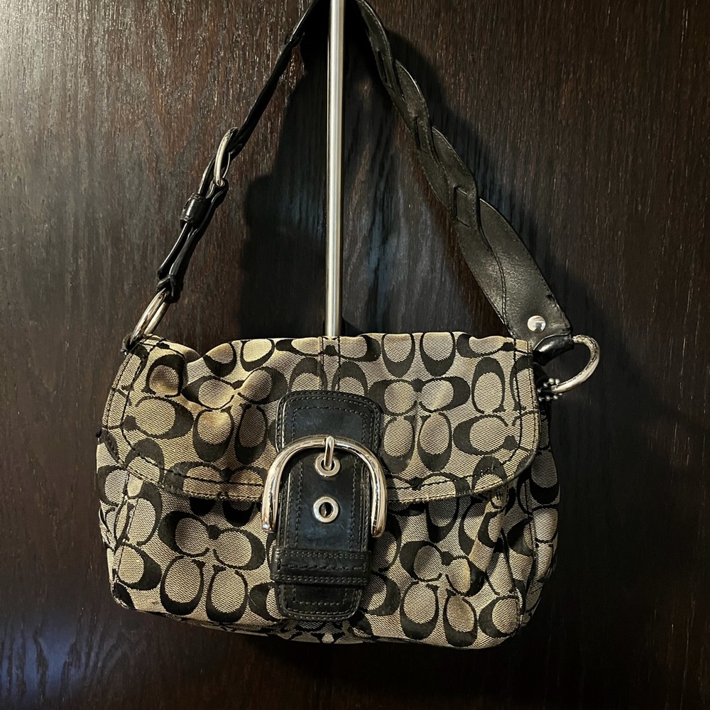 Coach bag, grey with black signature print, used